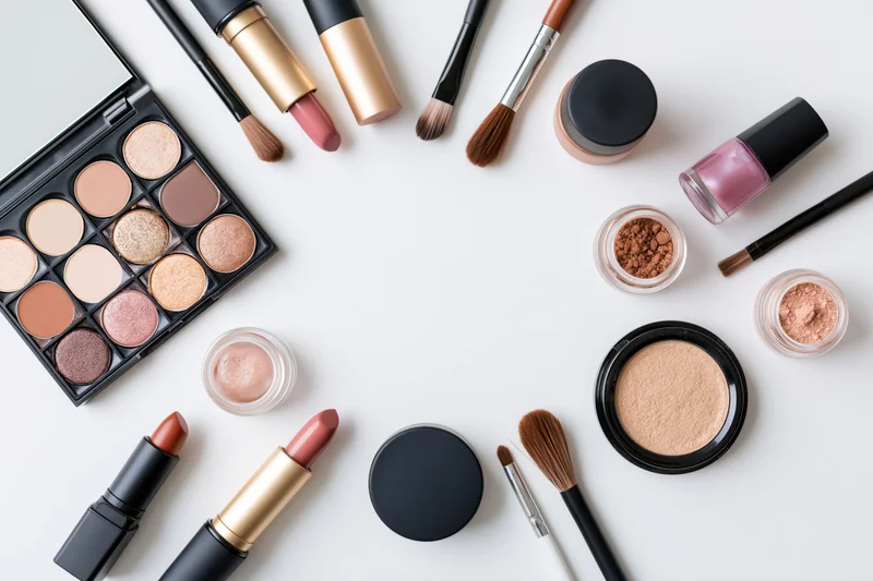 Assorted makeup products arranged in a flat lay on a white surface with copyspace