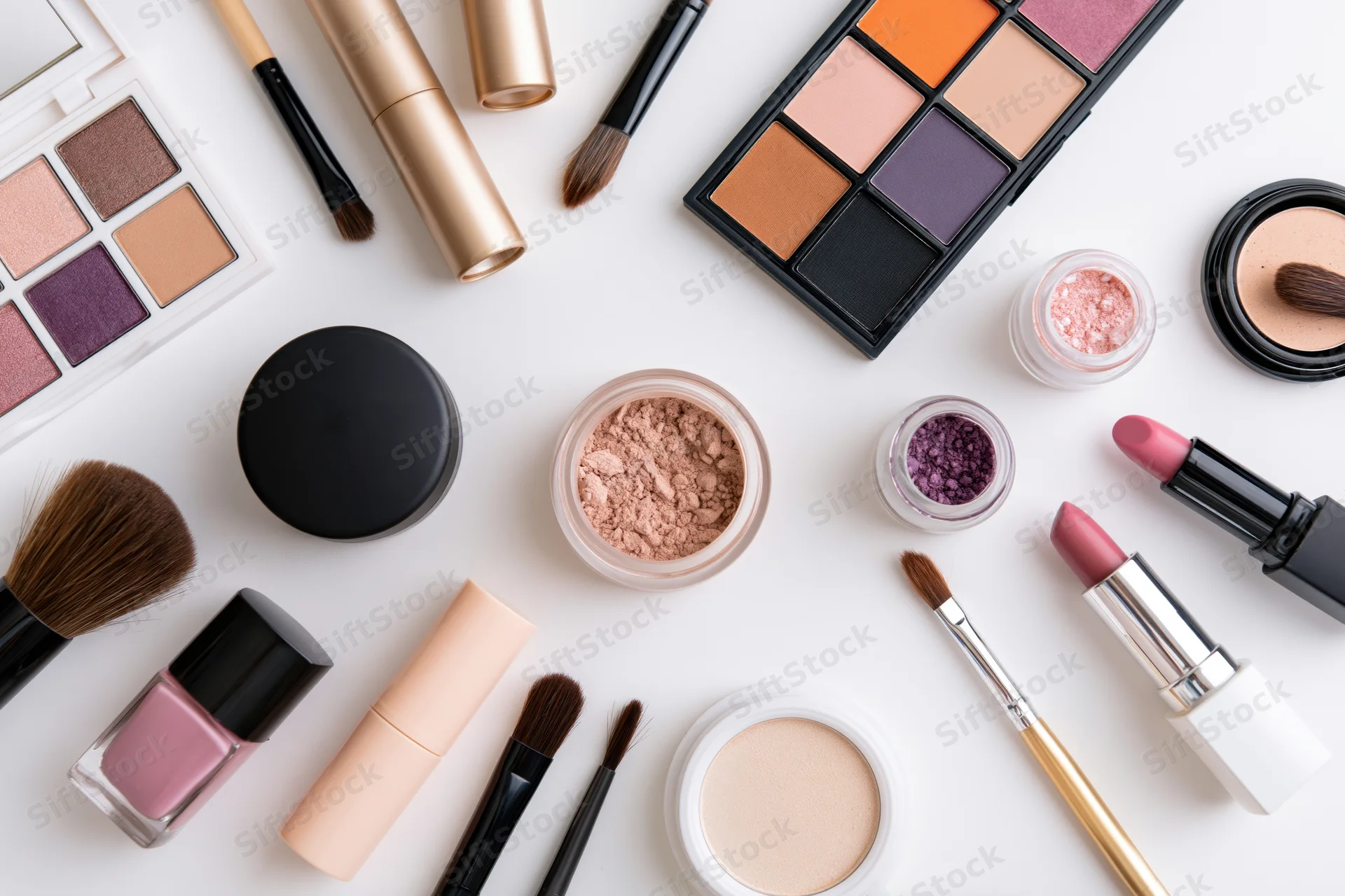 Assorted makeup products arranged in flat lay on white surface