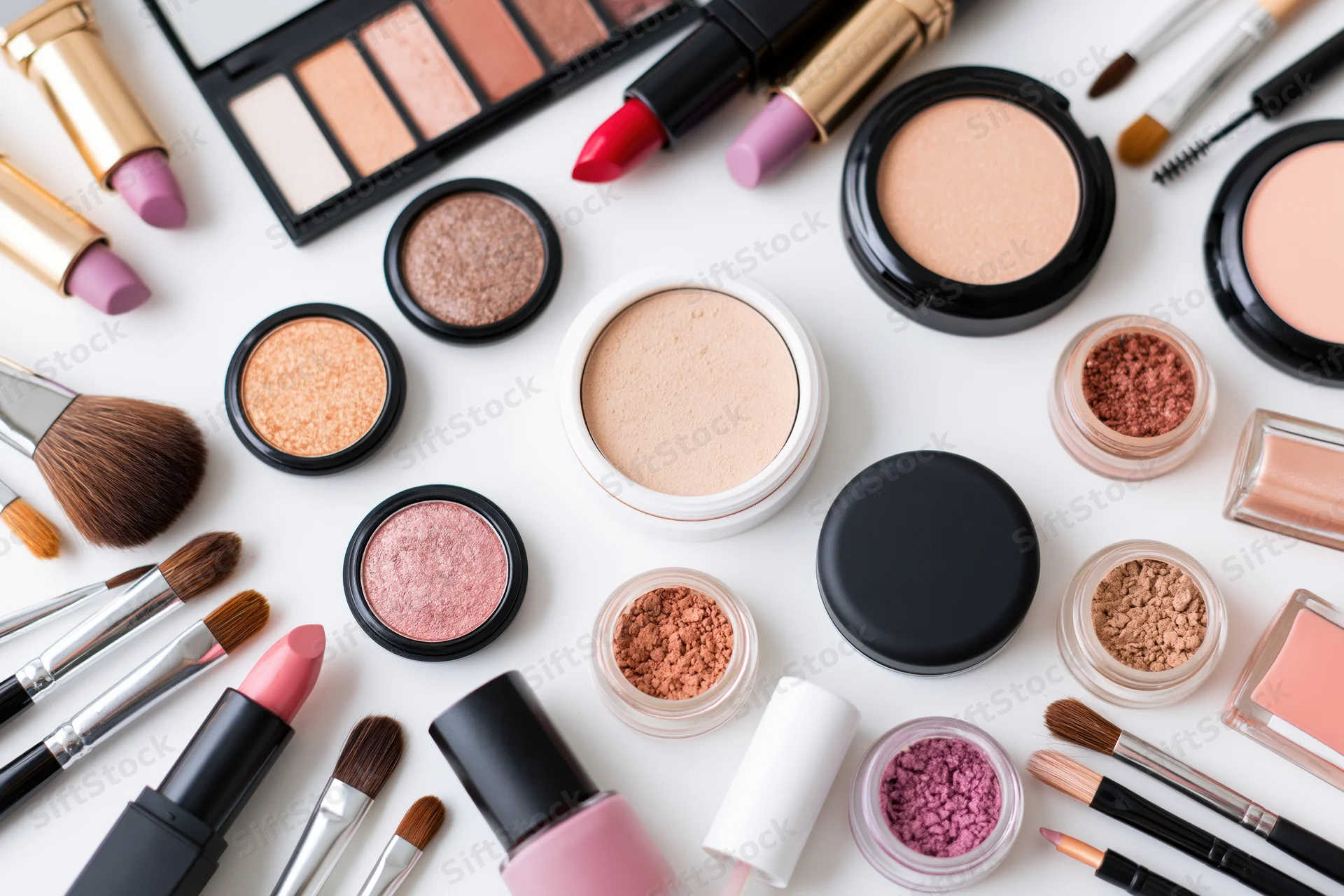 Assorted makeup products arranged in flat lay on white surface