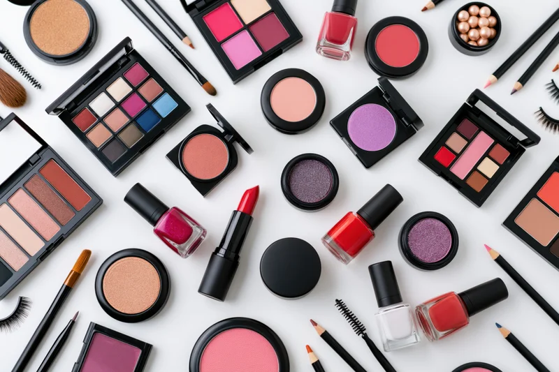 Assorted makeup products arranged in flat lay on white surface