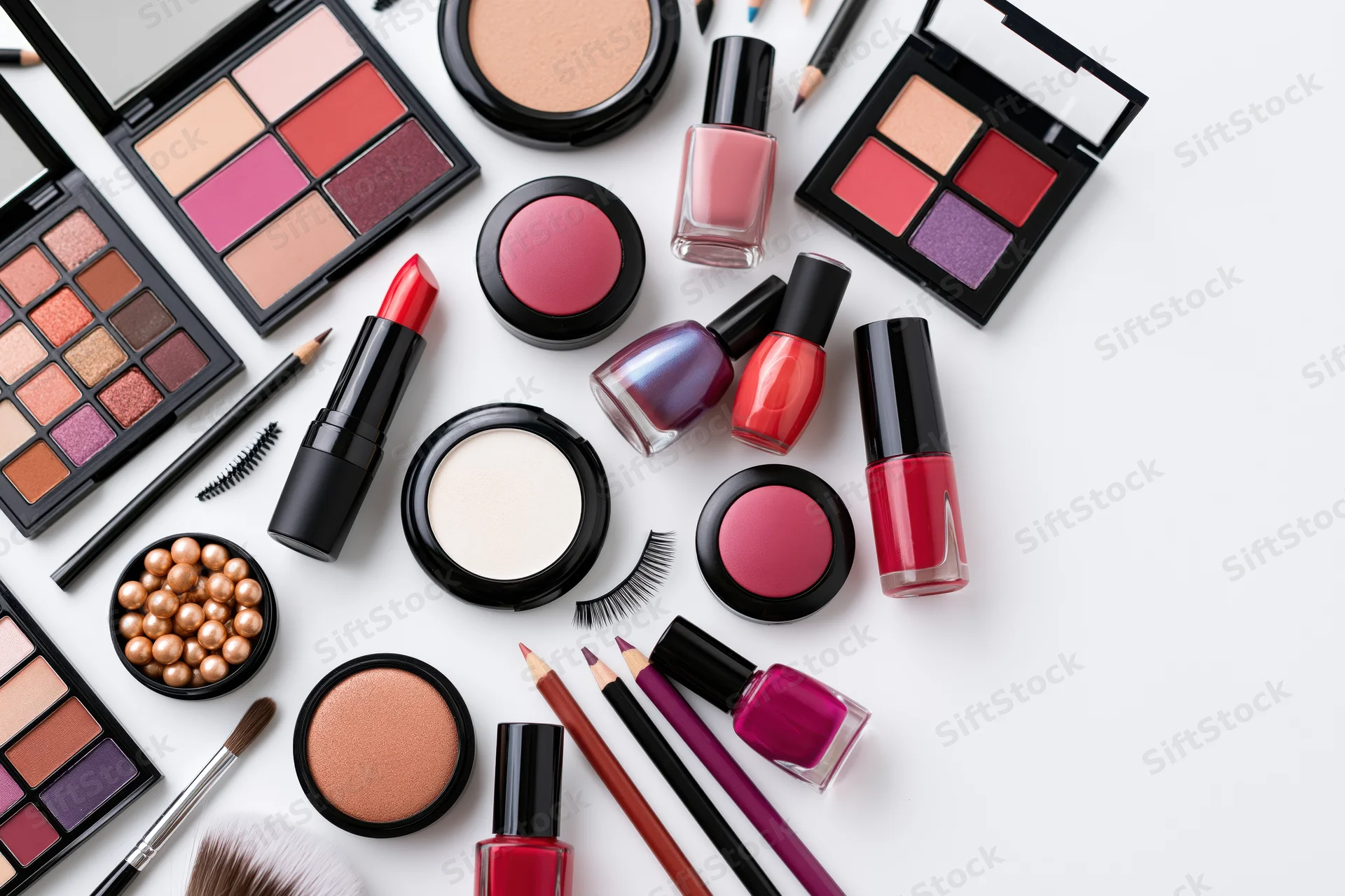 Assorted makeup products arranged in flat lay on white surface with copyspace