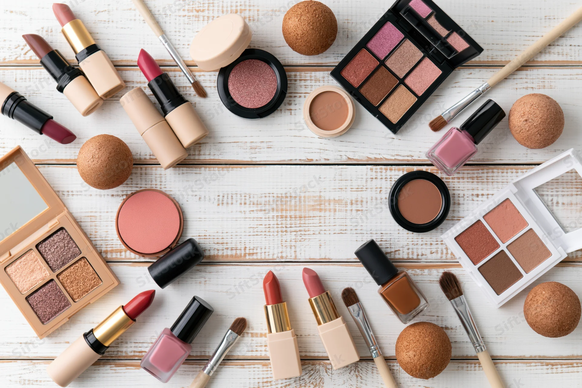 Assorted makeup products arranged in flat lay on white wooden surface