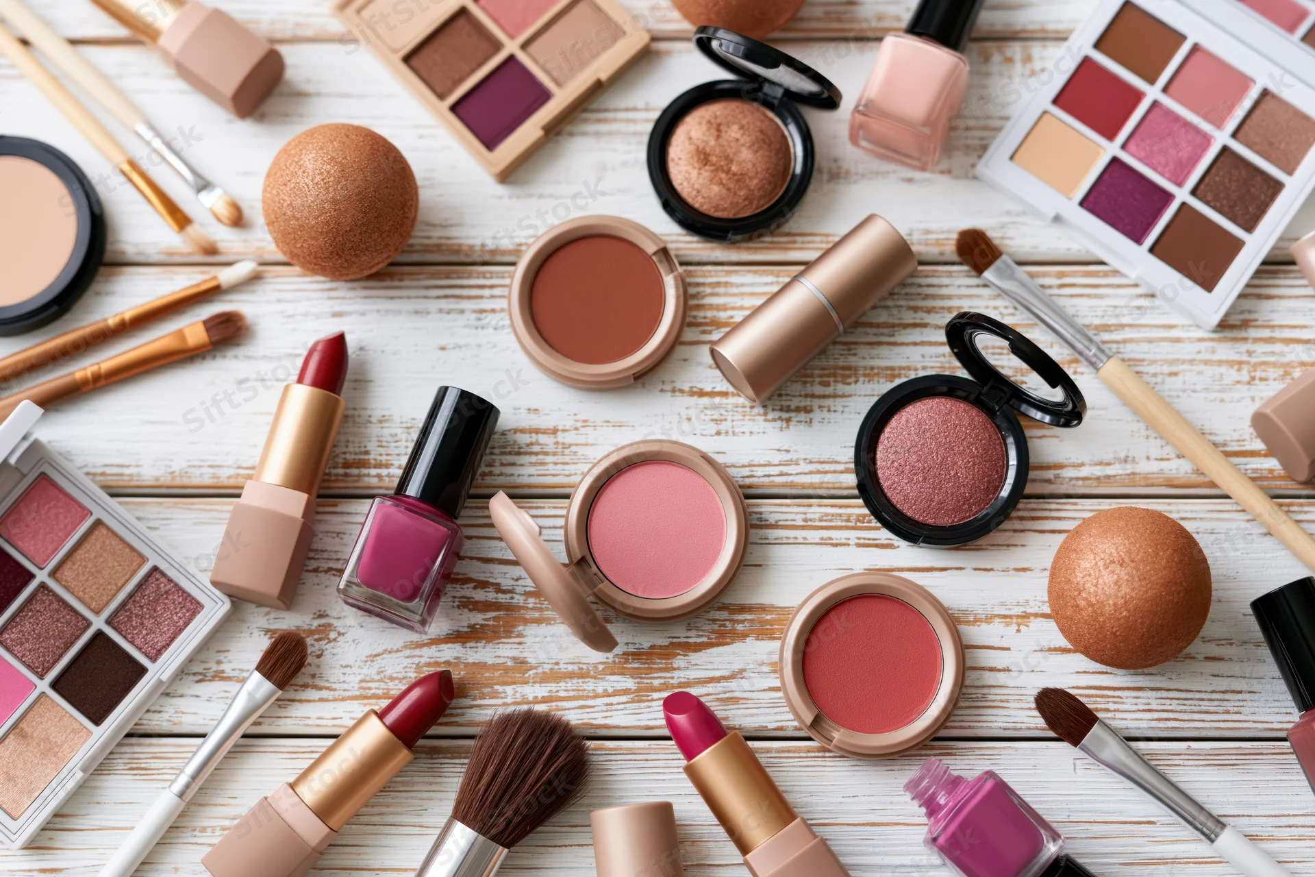 Assorted makeup products arranged in flat lay on light wooden surface
