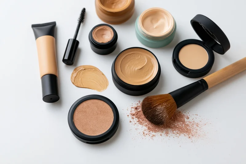 Assorted makeup products arranged in flat lay on white surface