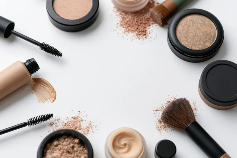 Assorted makeup products arranged in a flat lay on a white surface with copyspace