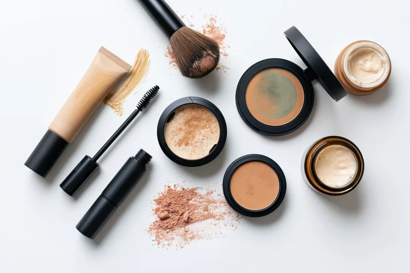 Assorted makeup products arranged in flat lay on white surface