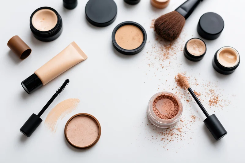 Assorted makeup products arranged in flat lay on white surface