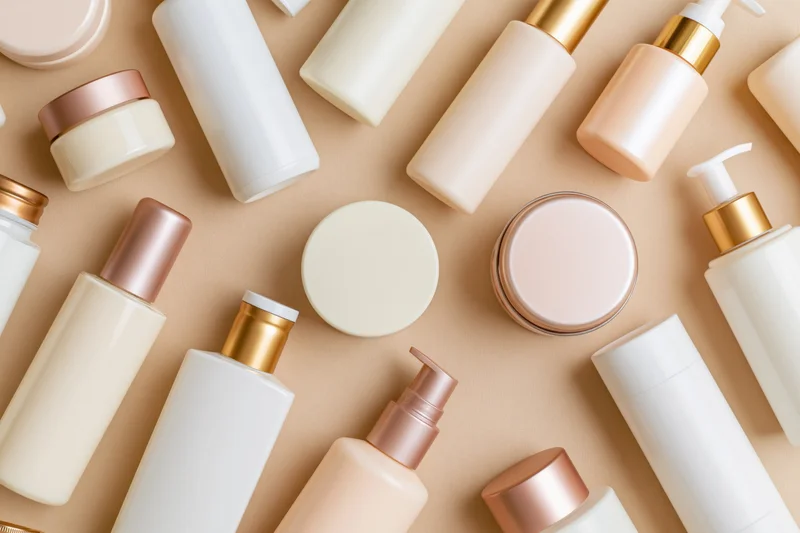 Assorted skincare and beauty product containers arranged in flat lay on beige background