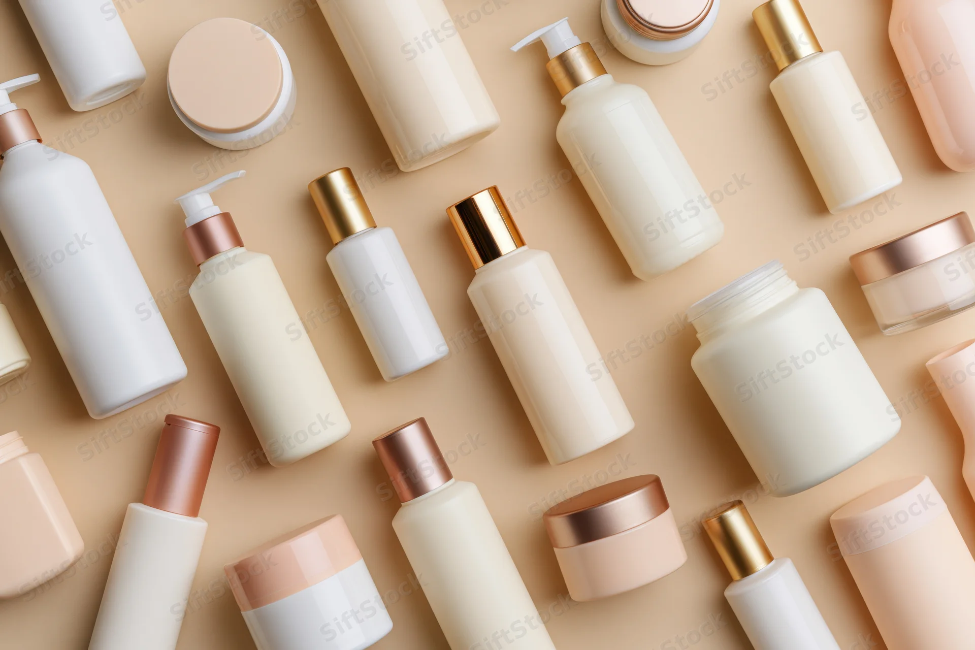 Assorted skincare and beauty product containers arranged in flat lay on beige background