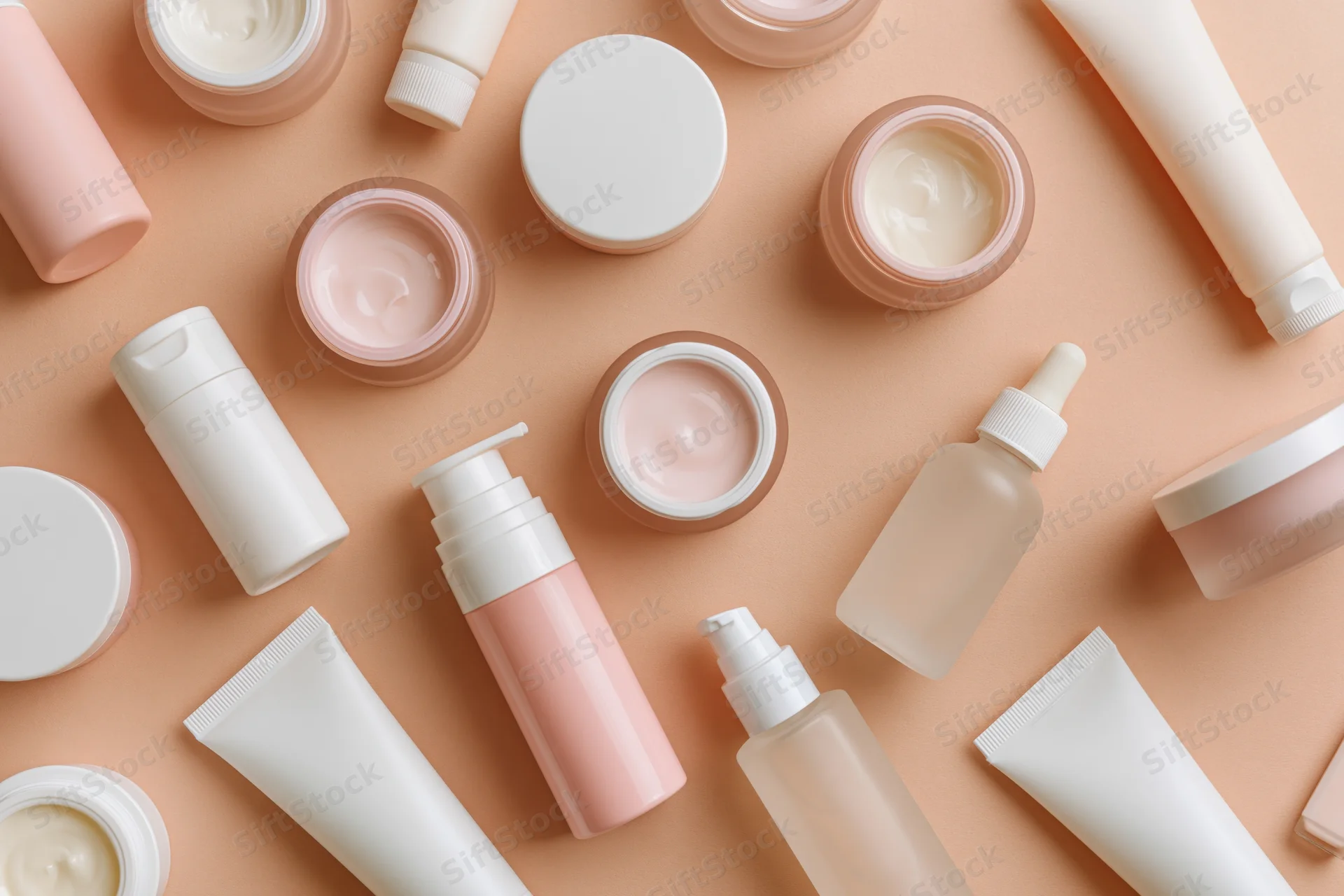 Assorted skincare products arranged in flat lay on peach background