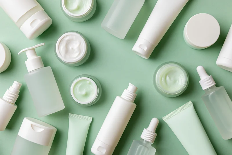Assorted unlabeled skincare products arranged in flat lay on mint green background