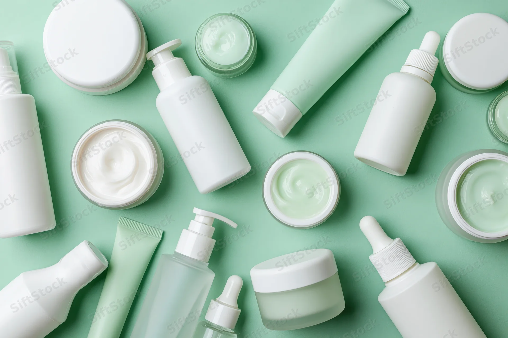 Assorted unlabeled skincare products arranged in flat lay on mint green background