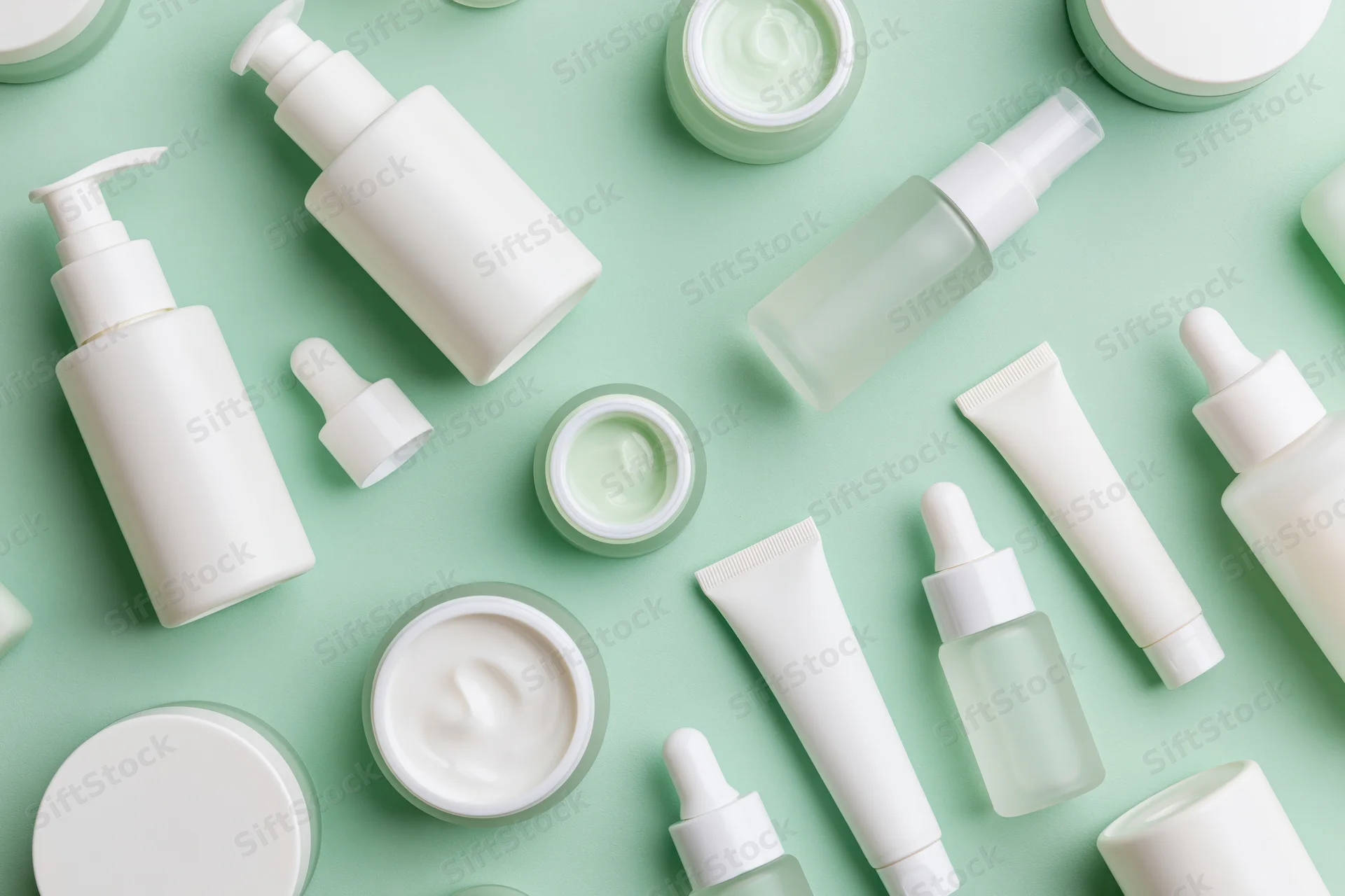 Assorted unlabeled skincare products arranged in flat lay on mint background