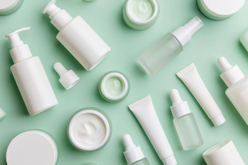 Assorted unlabeled skincare products arranged in flat lay on mint background