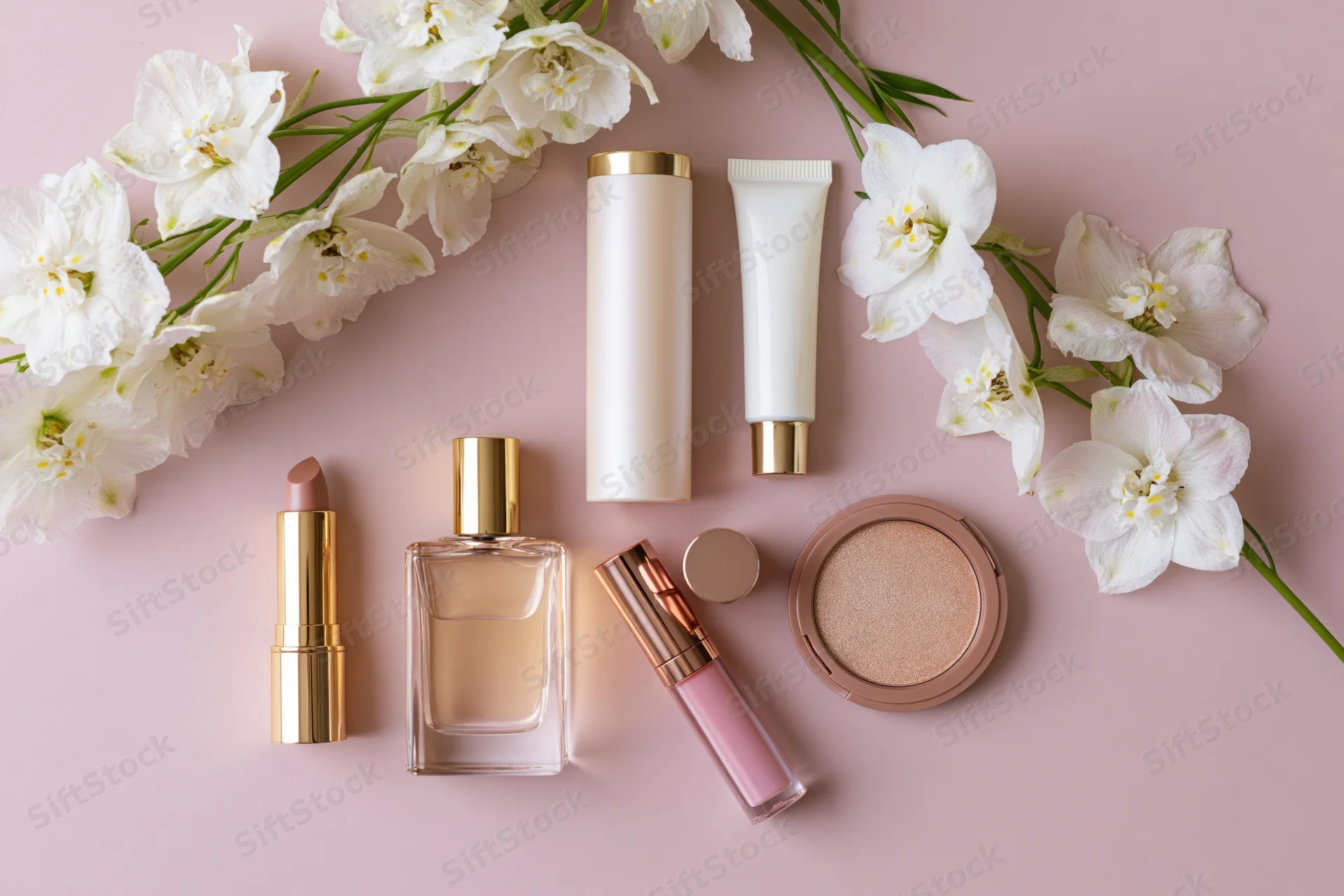 Beauty products arranged with white flowers on a pastel pink surface