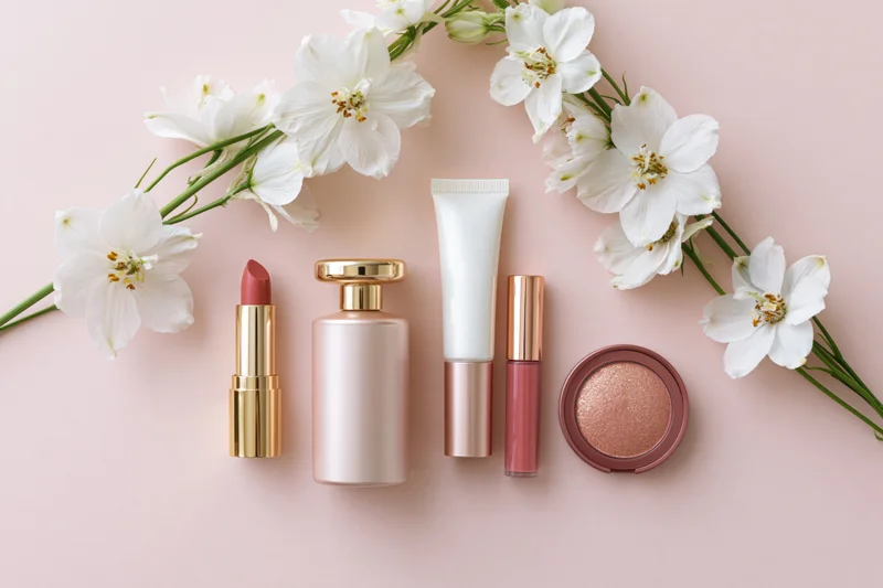 Beauty products arranged with white flowers on a pastel pink surface