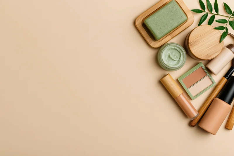 Eco-friendly skincare and makeup products arranged in flat lay on beige background with bamboo and leaf accents