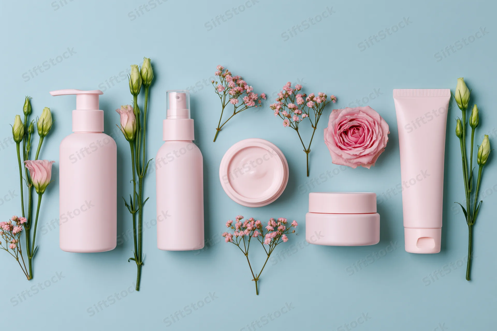 Flat lay of pink skincare containers and flowers on light blue background