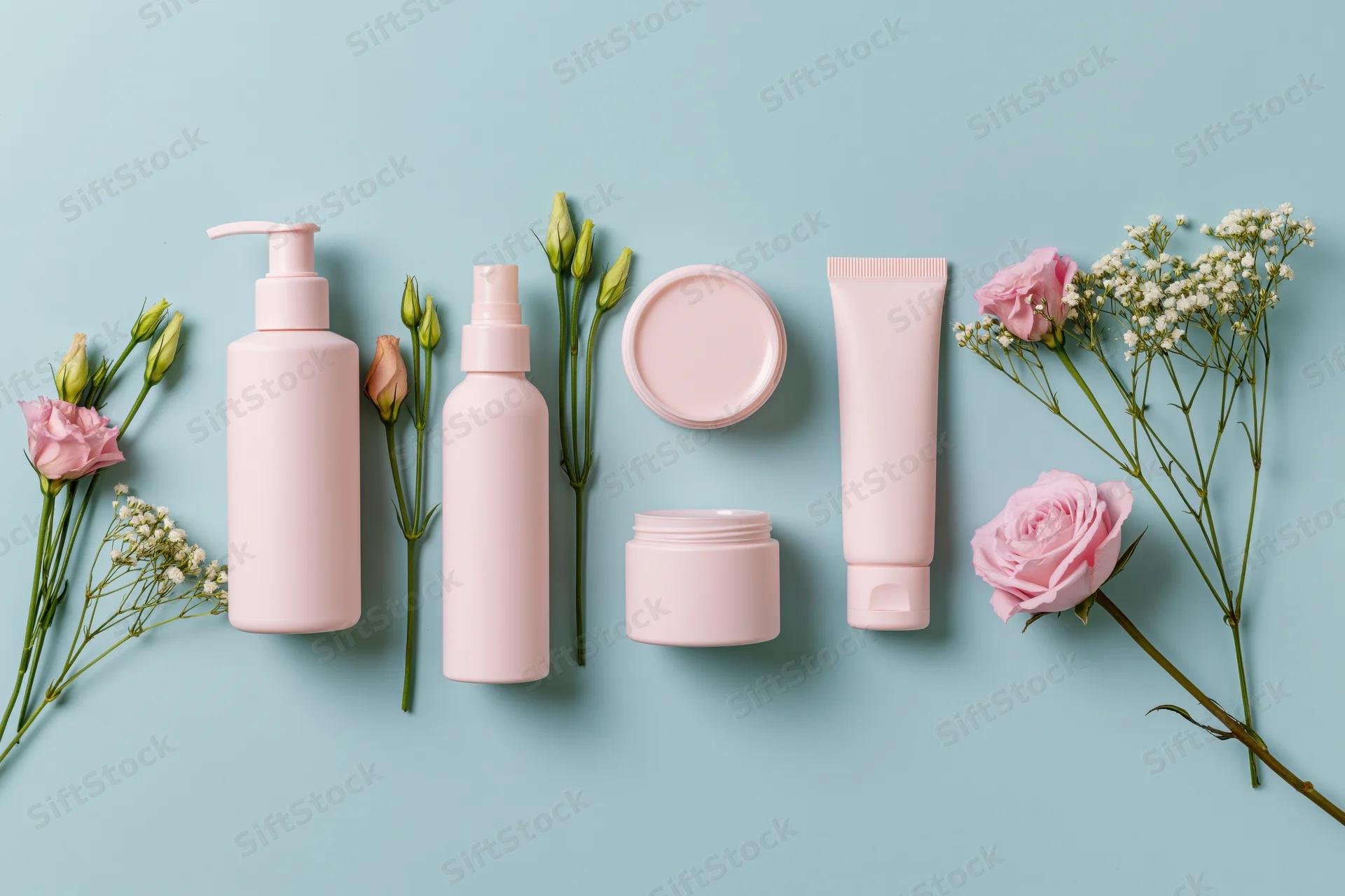 Flat lay of blush-pink skincare containers and flowers on a light blue background