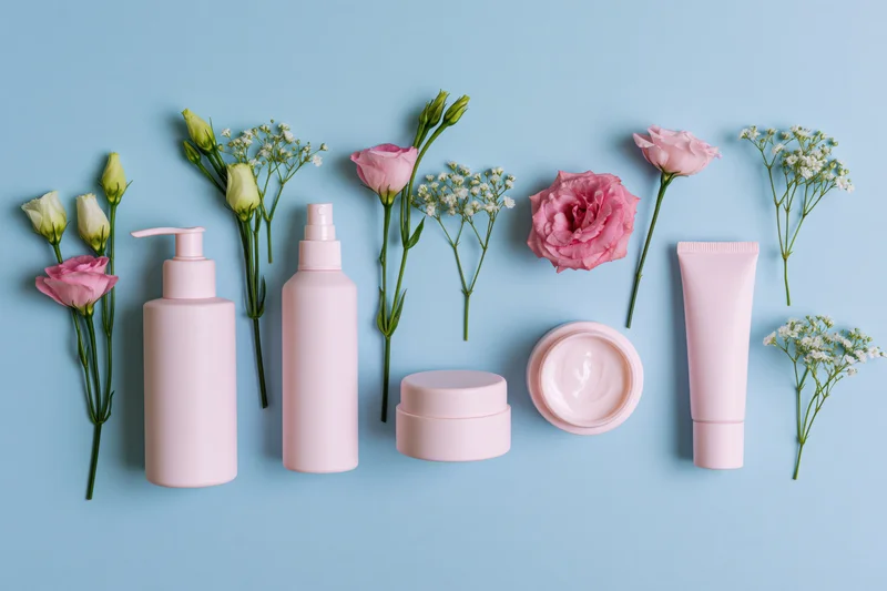 Flat lay of blush-pink skincare containers and fresh flowers arranged on a light blue surface
