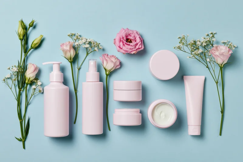 Flat lay of blush-pink skincare containers and flowers on light blue background