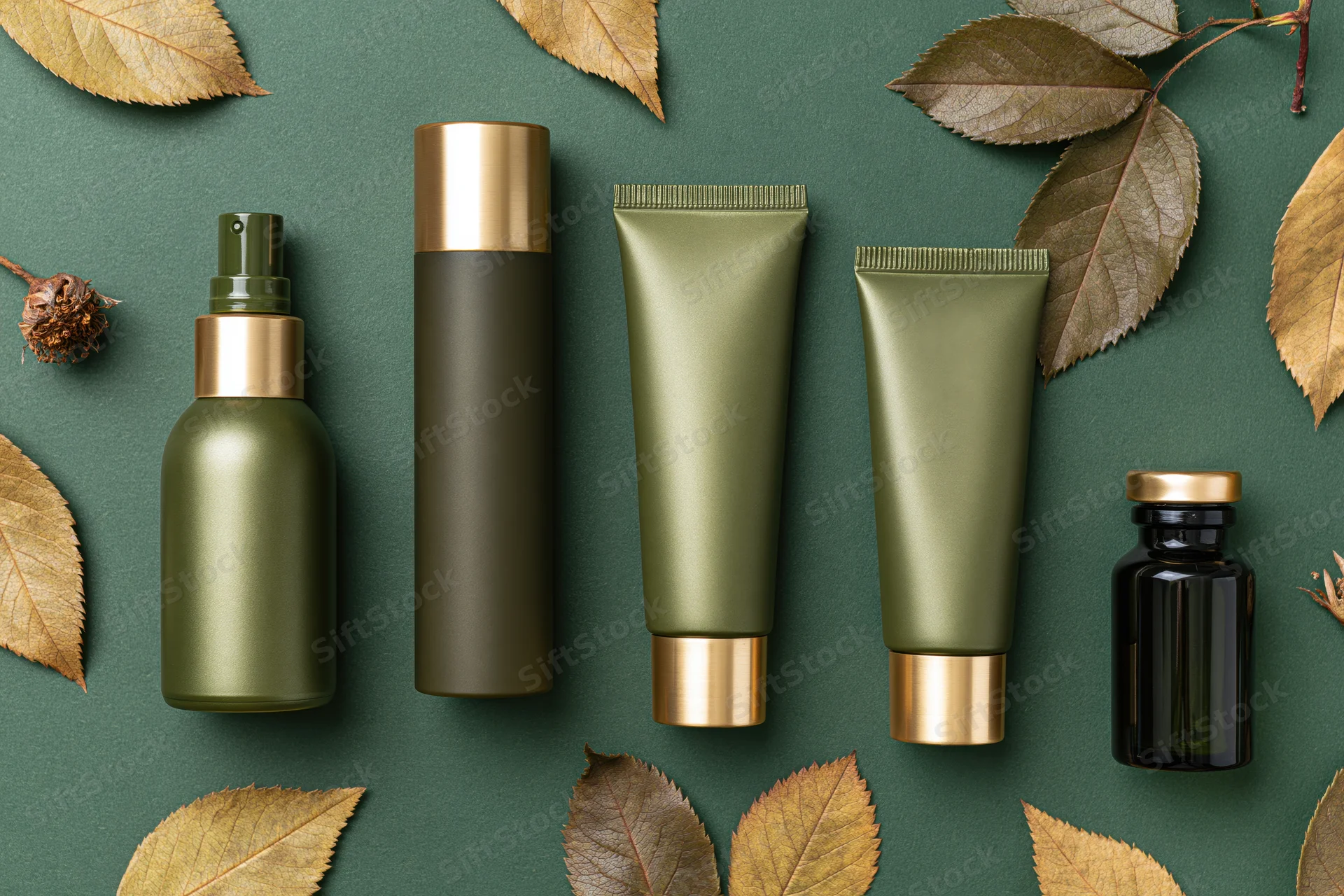 Five unlabeled green and dark olive cosmetic containers arranged in a flat lay with dried leaves on a dark green background