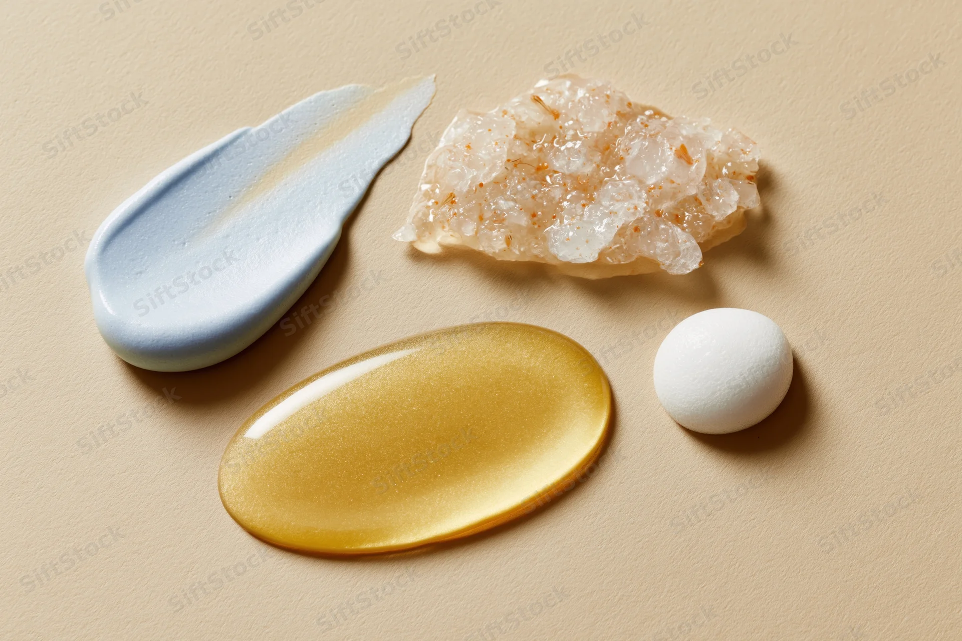 Four skincare product smears arranged on a warm beige surface