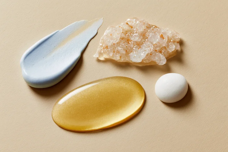 Four skincare product smears arranged on a warm beige surface