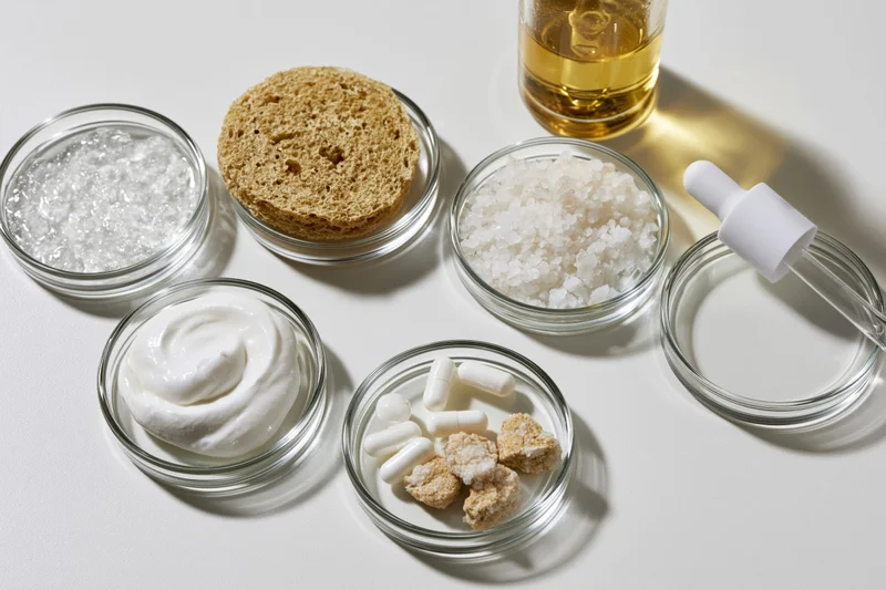 Glass petri dishes arranged on white surface containing various skincare ingredients in flat lay view