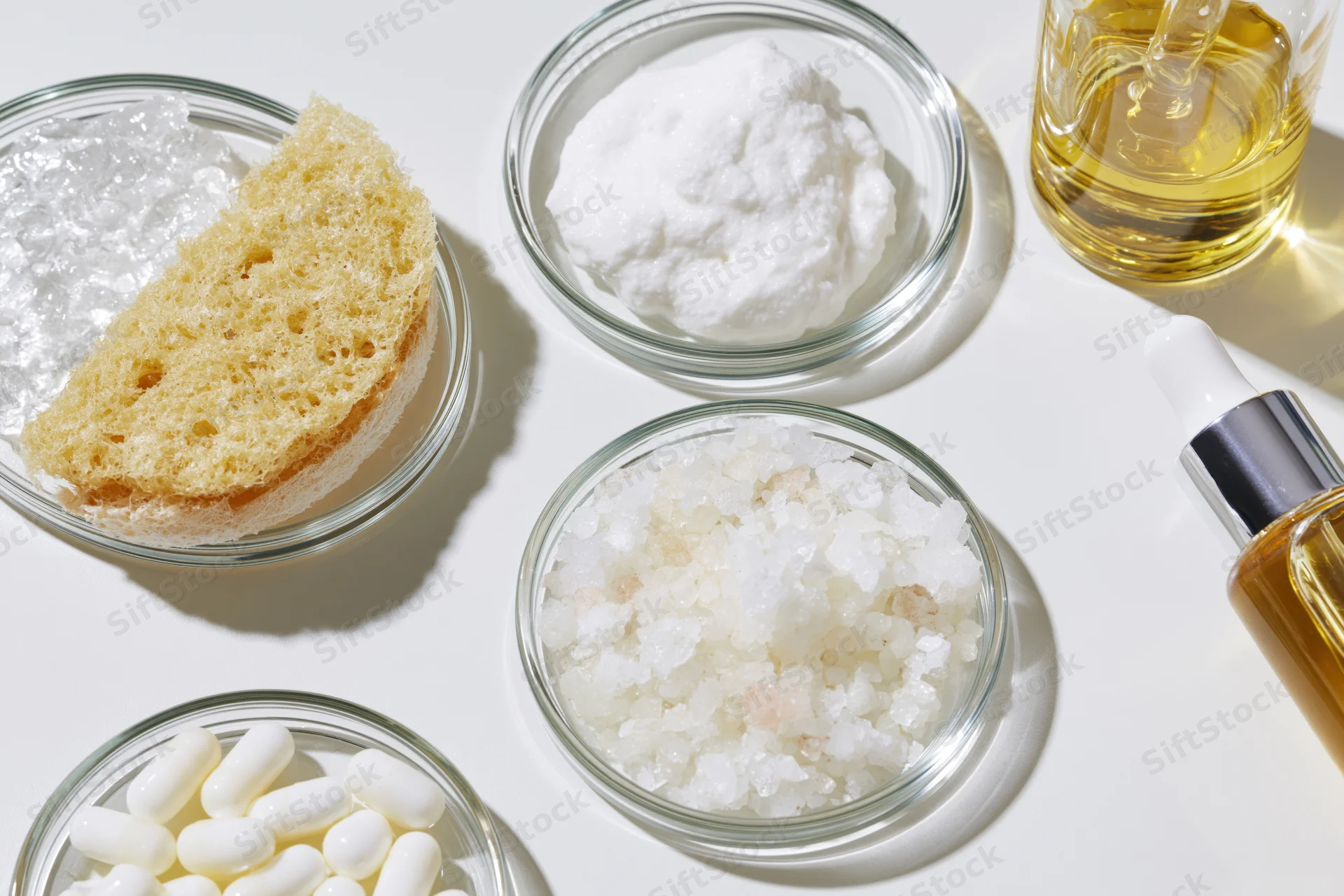 Skincare ingredients arranged in glass bowls on white surface