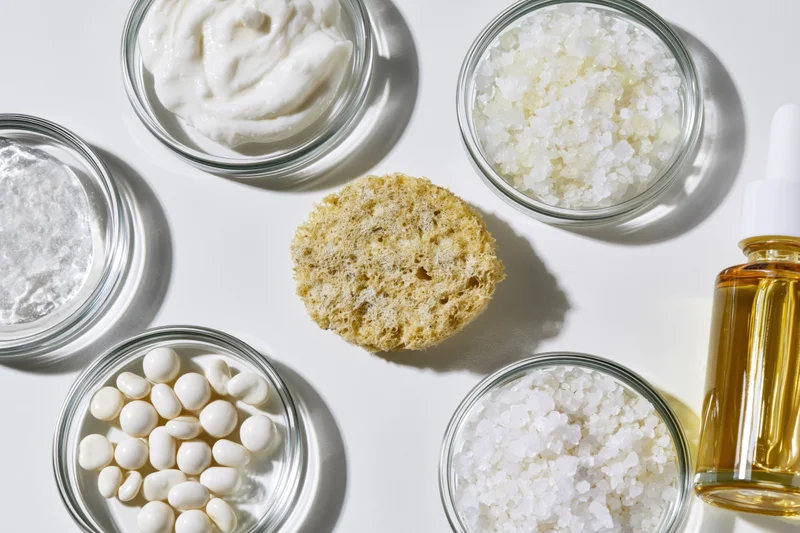 Skincare ingredients arranged in glass jars on white surface with sponge and oil bottle