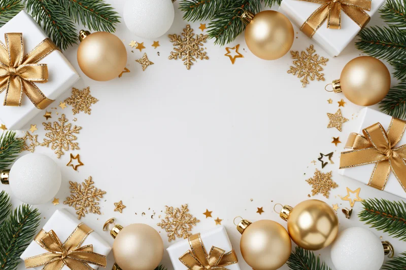 Christmas decorations and gift boxes arranged in a frame around white copyspace