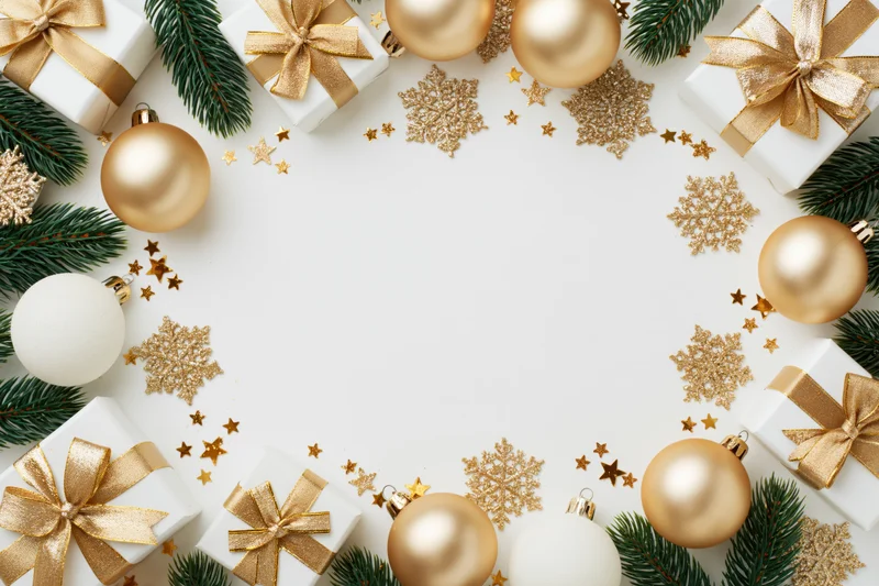 Gold and white christmas ornaments and gift boxes arranged in a circular frame around a white copyspace with pine branches and snowflakes
