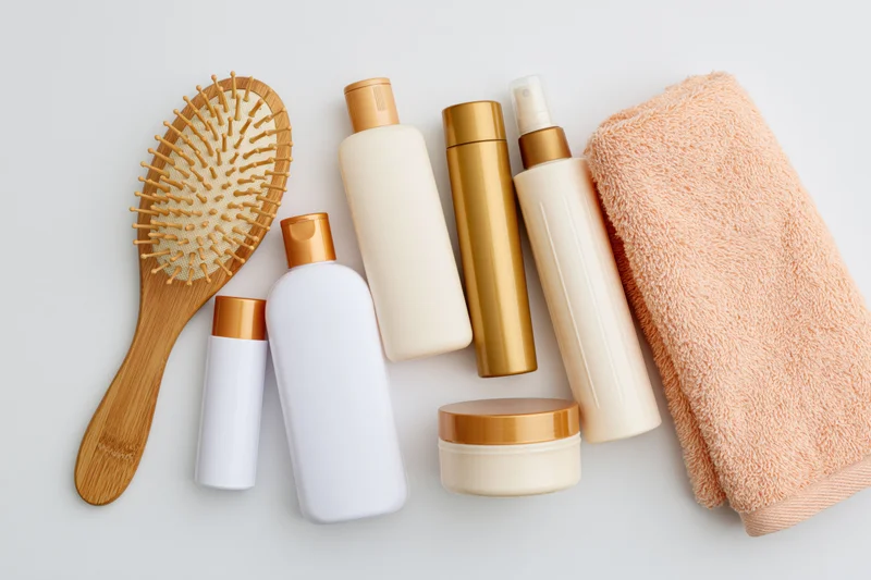 Hair care products arranged in flat lay on white surface with bamboo brush and towel