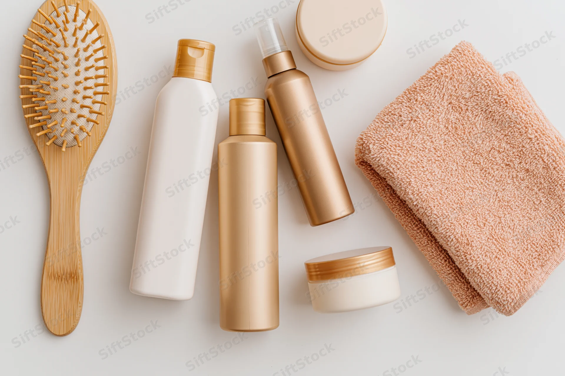 Hair care products arranged in flat lay on white surface with towel and bamboo brush