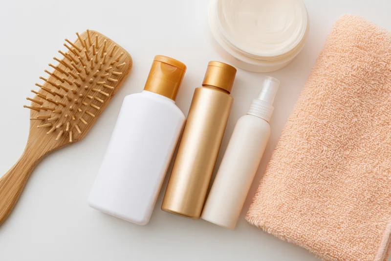 Hair care products arranged in flat lay on white surface with towel and brush