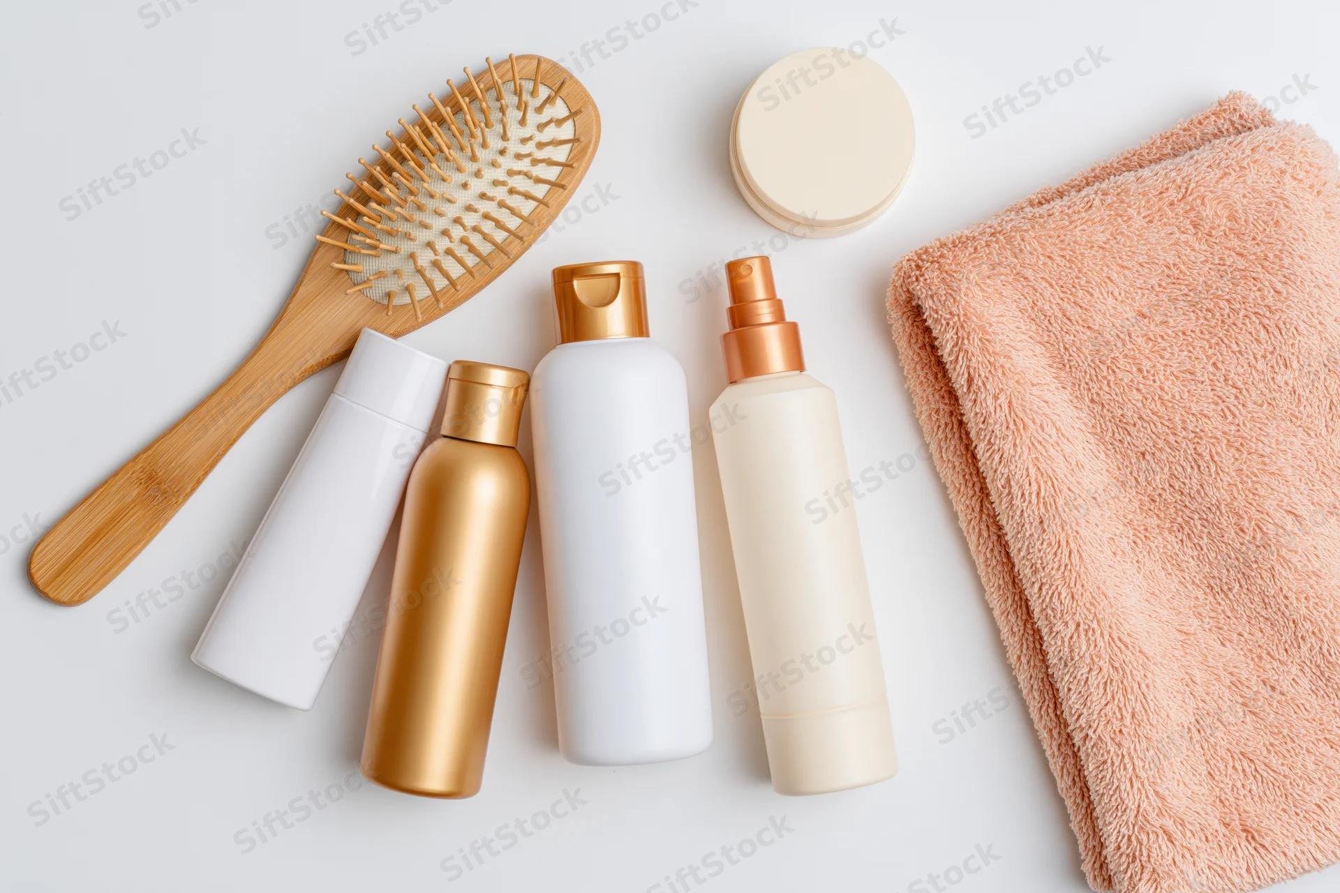 Hair care products arranged in flat lay on white surface with towel and brush