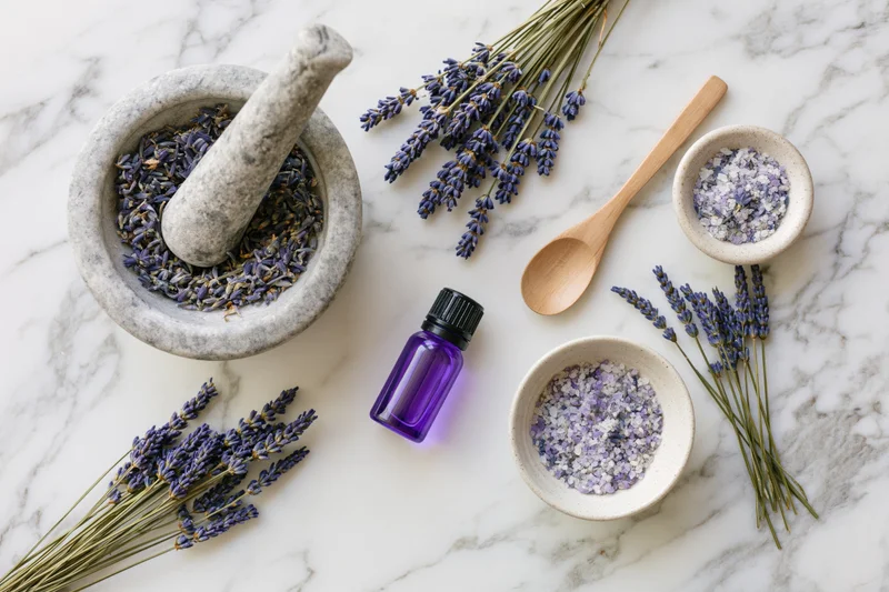 Lavender spa products arranged on white marble surface in flat lay composition