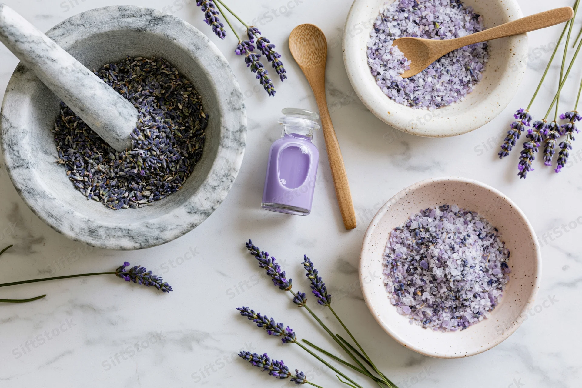 Lavender spa products arranged on white marble surface in flat lay overhead view