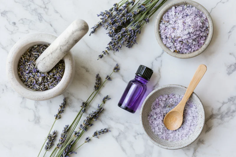 Lavender spa products arranged on white marble surface with mortar, pestle, bath salts and essential oil bottle