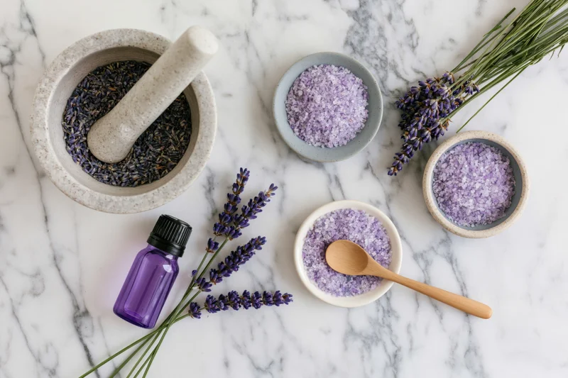 Lavender spa products arranged on white marble surface in flat lay overhead view
