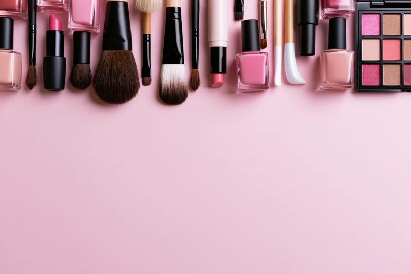 Makeup brushes, lipstick, nail polish and eyeshadow palette arranged in a row on a pink surface with copyspace below