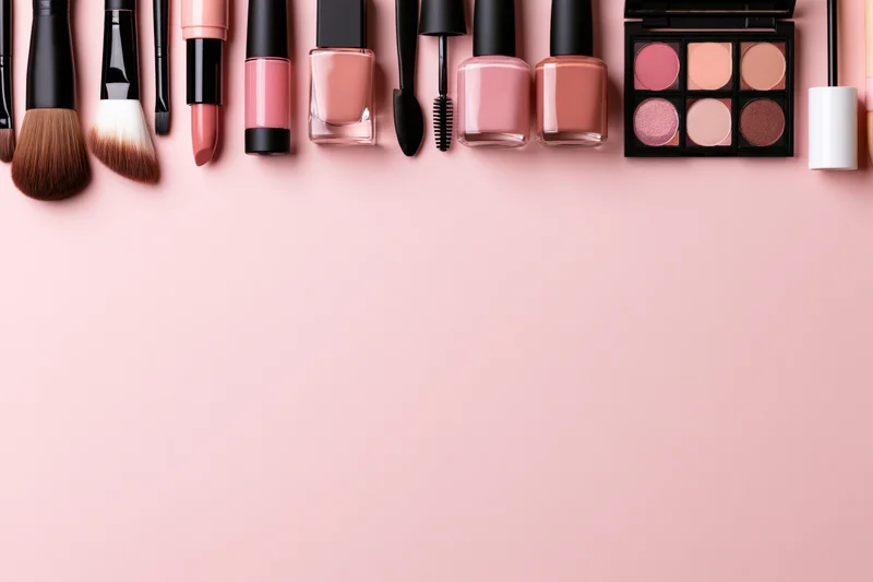 Makeup products arranged in a row along the top of a pink surface with copyspace below