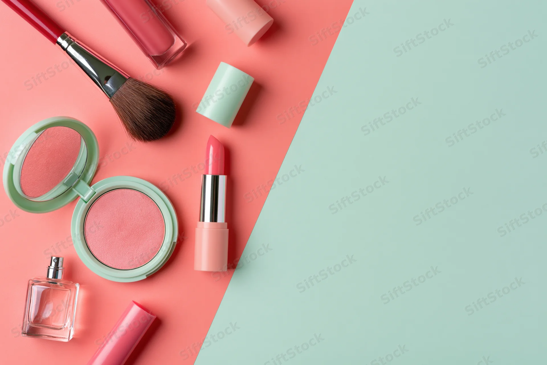 Makeup products arranged on a split pink and mint background with copyspace