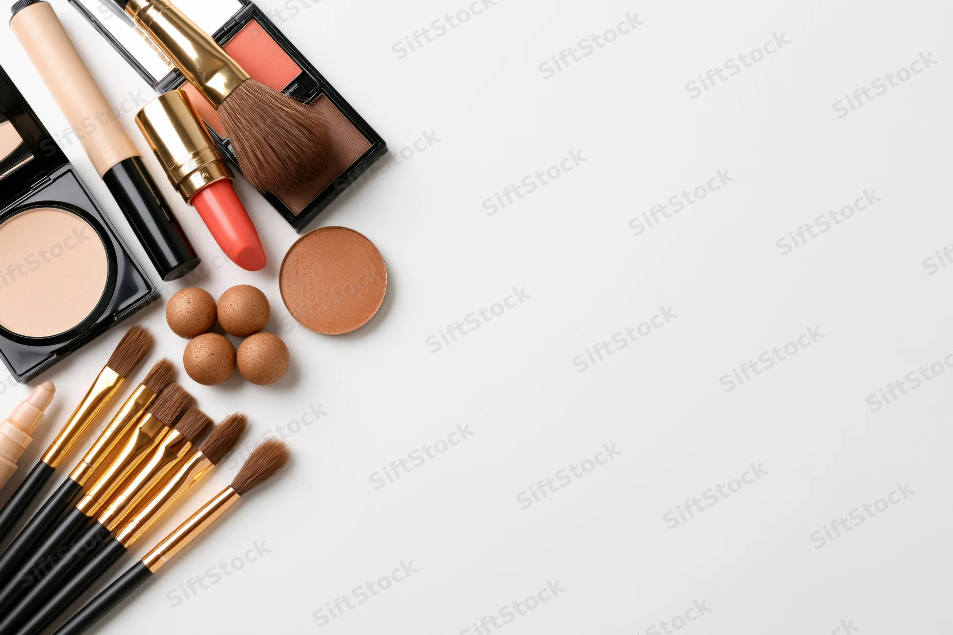 Makeup products arranged in flat lay on white surface with copyspace