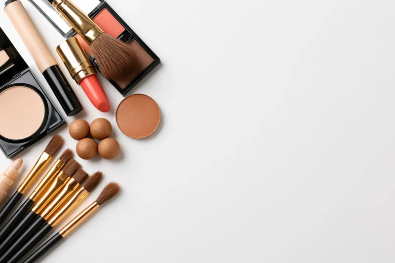 Makeup products arranged in flat lay on white surface with copyspace