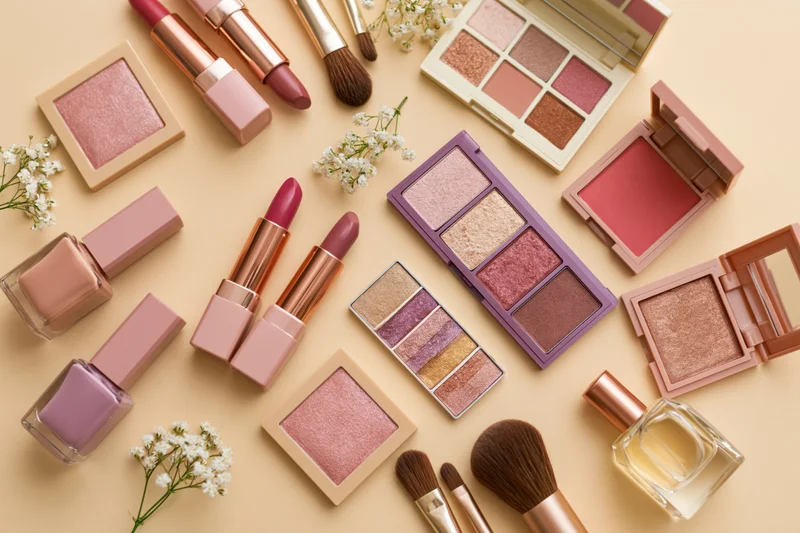 Makeup products arranged in flat lay on beige surface with flowers and brushes