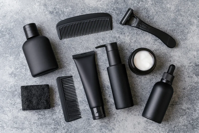 Men's grooming products arranged in flat lay on textured gray surface