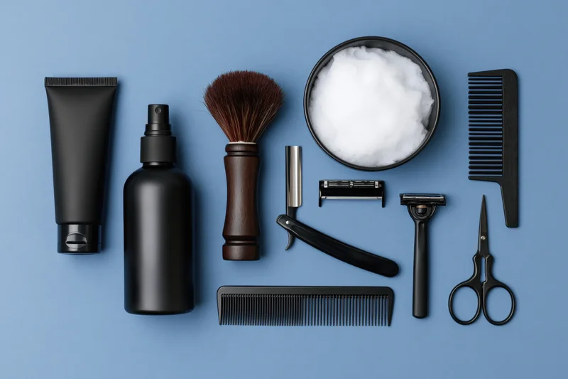 Men's grooming tools arranged neatly on a blue background