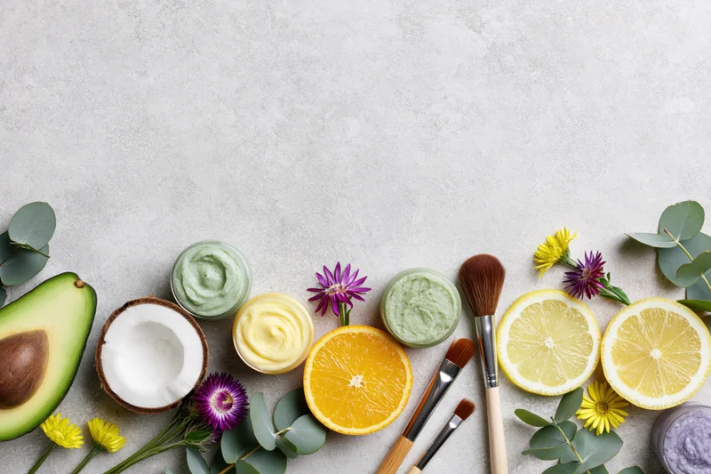 Natural skincare ingredients and products arranged in a flat lay on a light surface with copyspace